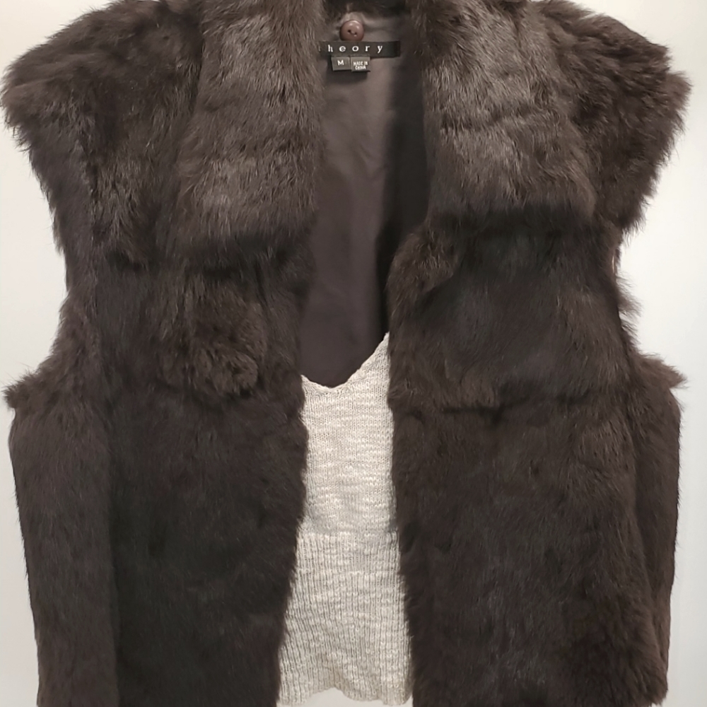 Theory "Ethel B" Rabbit Fur Vest Sz M Dark Brown